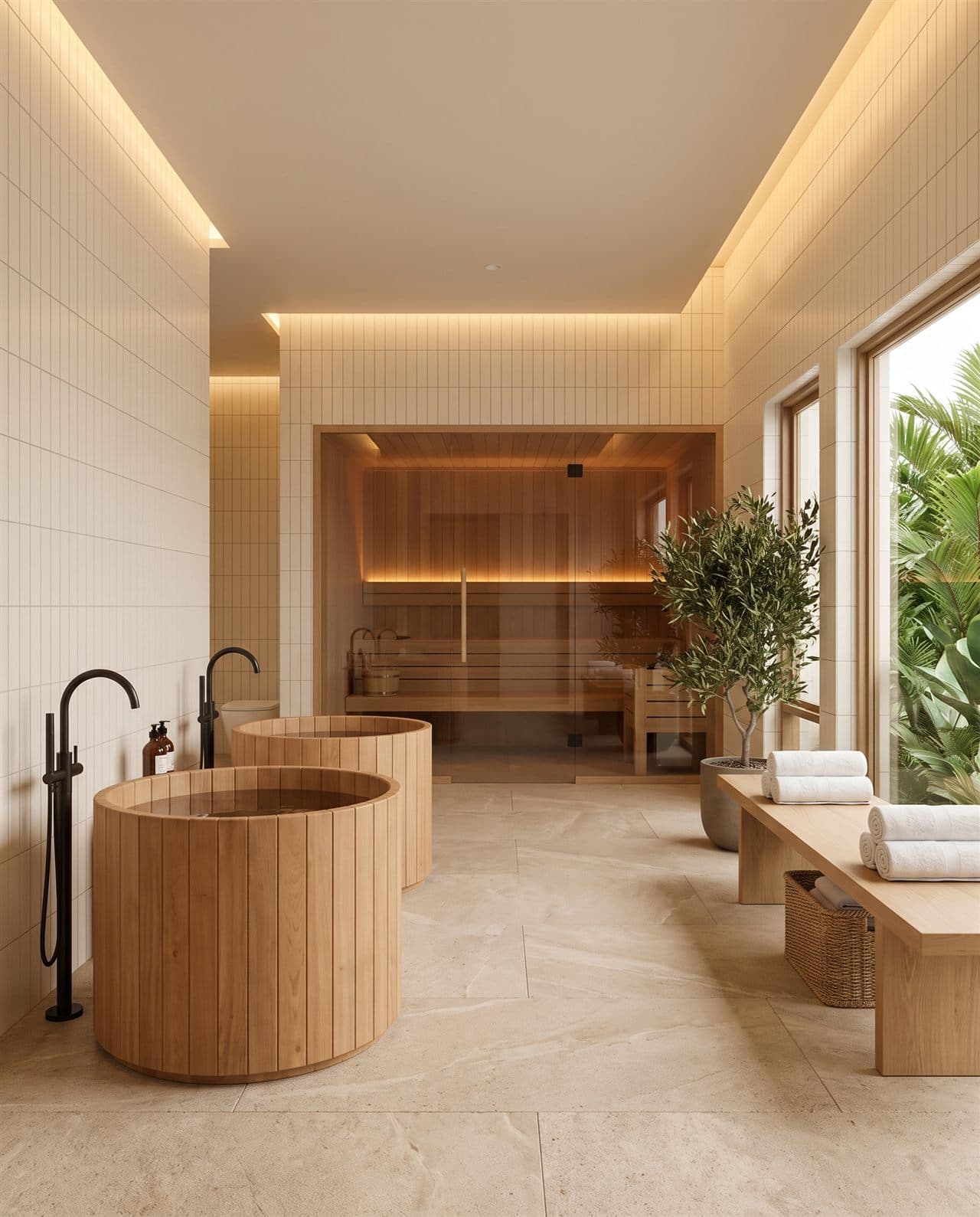 Cedar ice baths and a glass-fronted sauna in the recovery suite at Evolve With Us, Koh Samui